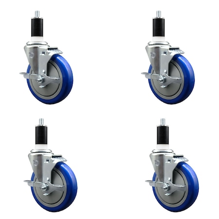 Service Caster 5'' Blue Poly Swivel 1-3/8'' Expanding Stem Caster Set with Brake, 4PK SCC-EX20S514-PPUB-BLUE-TLB-138-4